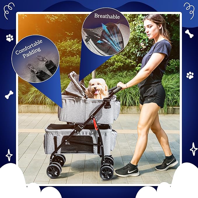 Detachable Pet Double Stroller with 4 Rolling Casters for 2 Pets – Lightweight Multifunctional Travel Stroller with Mesh Windows, Cup Holder, Sun Shades & Storage Pocket for Puppy and Kitty