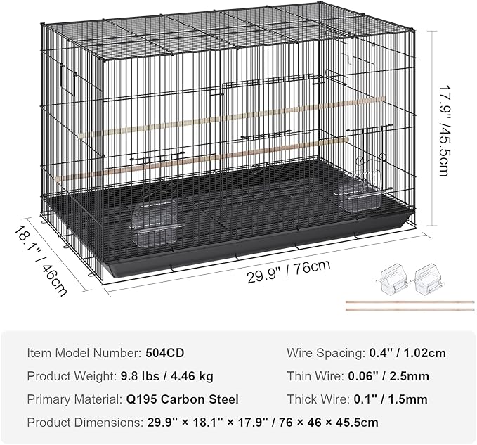 VEVOR 30 Inch Flight Bird Cage, Stackable Bird Cage Parakeet Cage with Slide-Out Tray and Handle, Small Parrots Birdcage for Cockatiels Budgies Conure Macaw Finch Lovebirds Canaries Pigeons