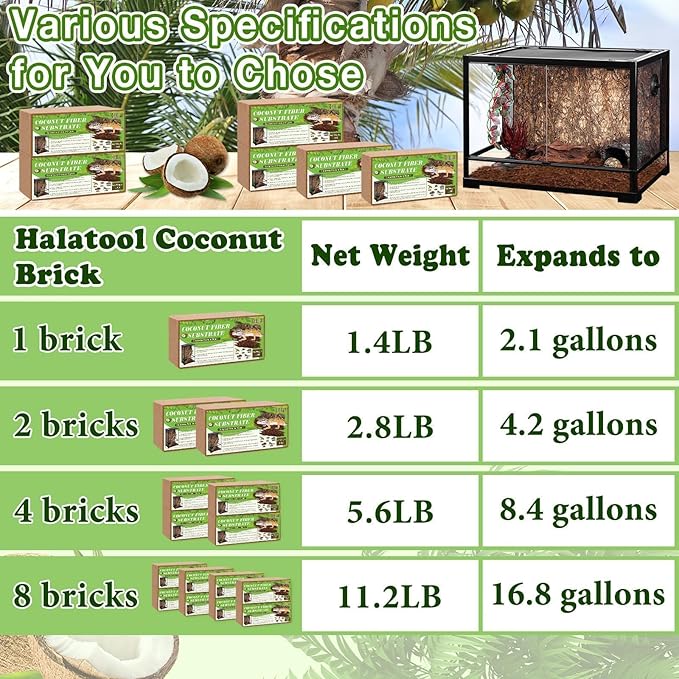 Halatool 8Pack Compressed Coconut Fiber Substrate for Reptile Natural Premium Coconut Husk Substrate Terrarium Bedding for Tortoises Beard Dragon Leopard Gecko Snake Tarantula Worm Bins