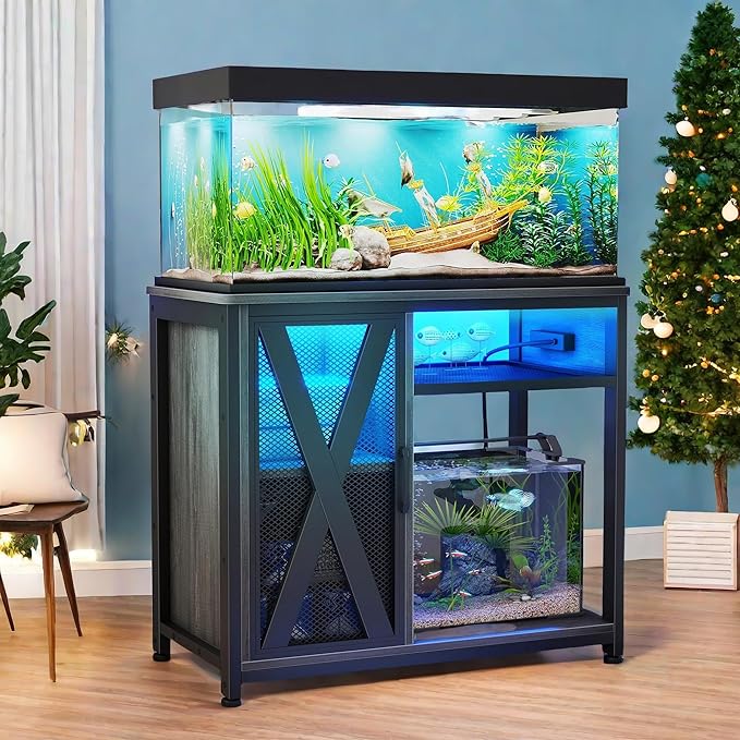 YITAHOME Fish Tank Stand with Power Outlets & LED Light, 40-50 Gallon Metal Aquarium Stand with Cabinet for Fish Tank Accessories Storage for Turtle Tank, Reptile Terrarium, 660LBS Capacity, Grey
