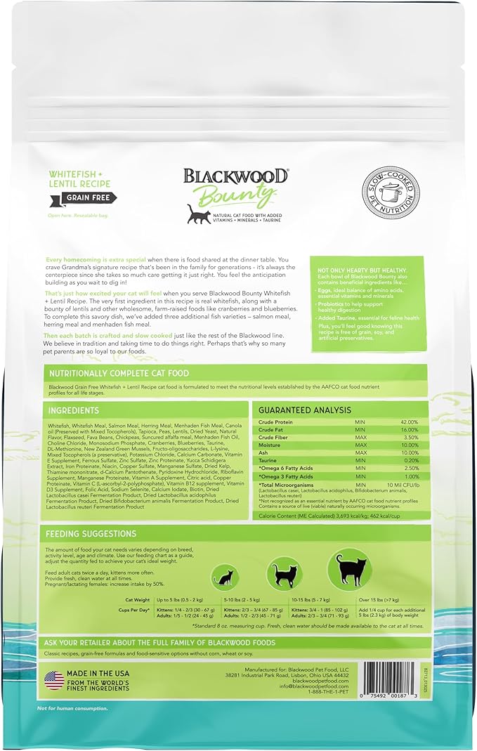 Blackwood Bounty Dry Cat Food, Whitefish & Lentil Recipe for All Life Stages, 2 Pound Bag, High Protein, Grain Free (Pack of 4)