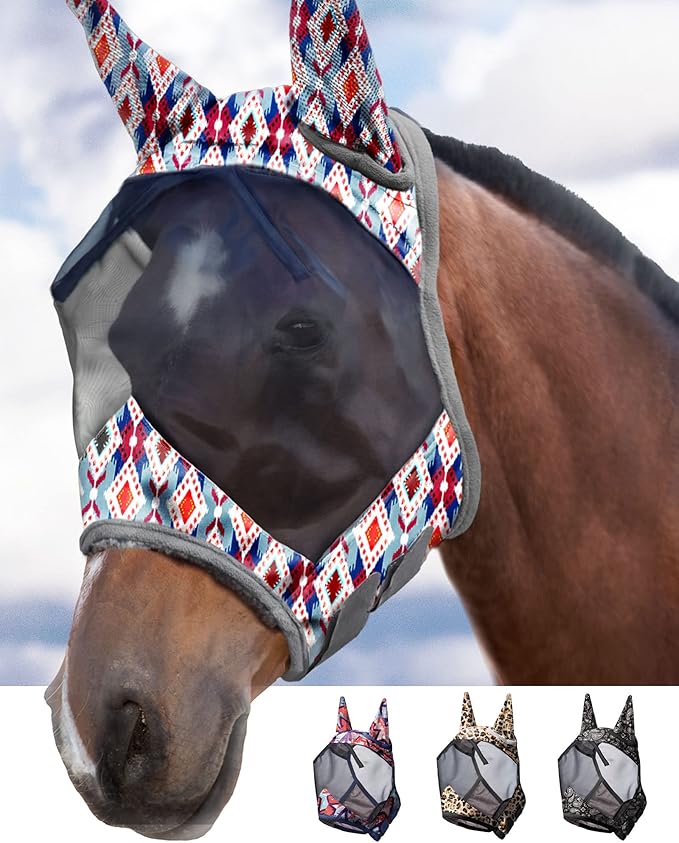 Harrison Howard LumiVista Horse Fly Mask Standard with Ears UV Protection for Horse Tribal Rhombus XL Extra Full