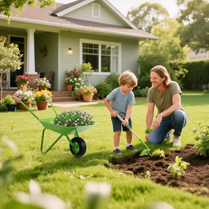 SainSmart Jr. Kids Gardening Set with Wheelbarrow - 7 Pcs Kids Rake and Shovel Set, Outdoor Toys for All Seasons - Plant, Sweep Leaves, Shovel Sand or Snow, for Boys and Girls