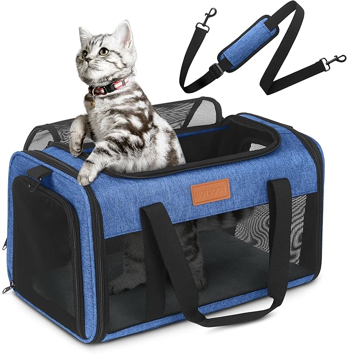 PETUX Pet Carrier Airline Approved, 17"x11"x9.5" Portable Cat Carrier Soft with Anti-Scratch Mesh for Small Cats up to 12 lb, Top Open Breathable Dog Carriers for Puppy up to 10 lb (Blue)