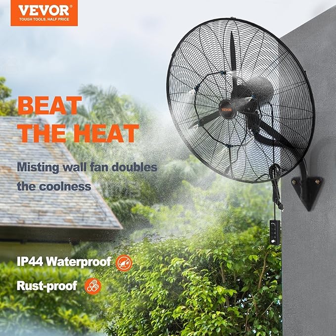 VEVOR 24 Inch 3-Speed 7000 CFM Black Waterproof Wall Mount Oscillating Fan