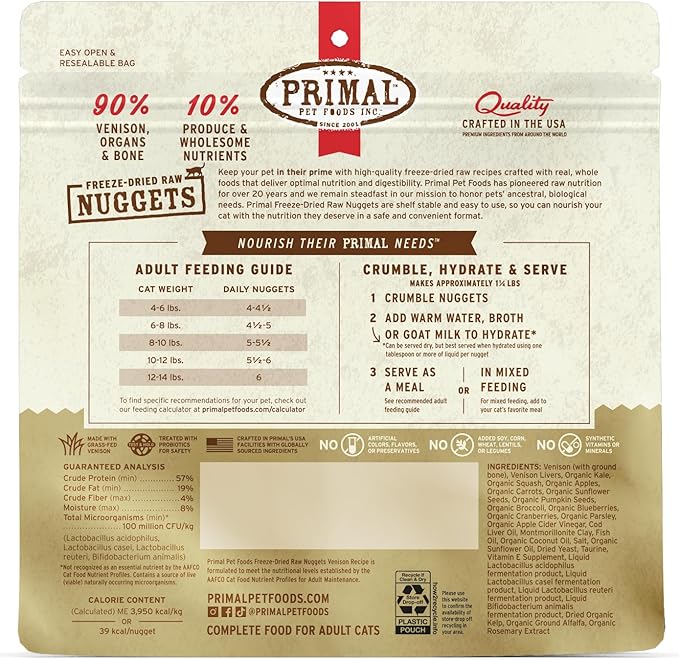 Primal Freeze Dried Raw Cat Food Nuggets Venison, Complete & Balanced Meal or Topper, Premium, Healthy, Grain Free, High Protein Raw Cat Food with Probiotics (5.5 oz)