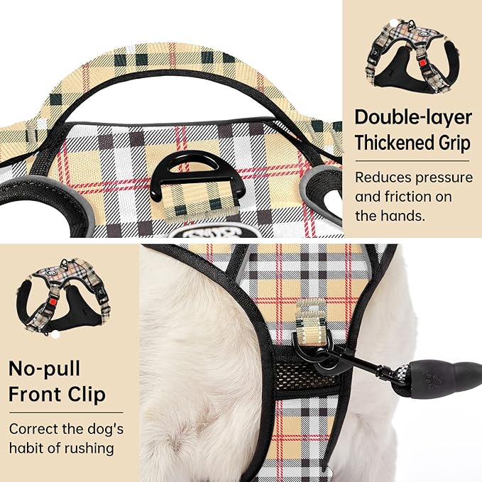 IVY&LANE No Pull Dog Harness with Leash Set, Reflective No Choke Pet Vest,Adjustable Oxford Dog Vest Harness with Easy Control Handle for Large Dogs (Checkered Beige,L)