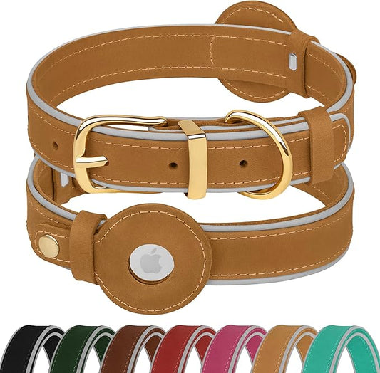 OOPSDOGGY Reflective Geniune Leather Airtag Dog Collar Soft Padded Collars for Small Medium Large Breed Dogs Puppy, 4 Sizes, 7 Colors (Camel, XLarge, 19"-24")