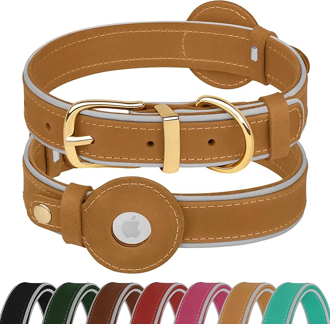 OOPSDOGGY Reflective Geniune Leather Airtag Dog Collar Soft Padded Collars for Small Medium Large Breed Dogs Puppy, 4 Sizes, 7 Colors (Camel, Small, 9"-12")