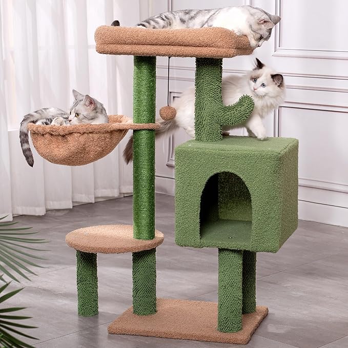 Cactus Cat Tree Small Cat Tower with 32 Inches Scratching Post with Cats Condo House, Cozy Hammock and Removable Top Bed and Dangling Ball for Indoor Cats-34” Green