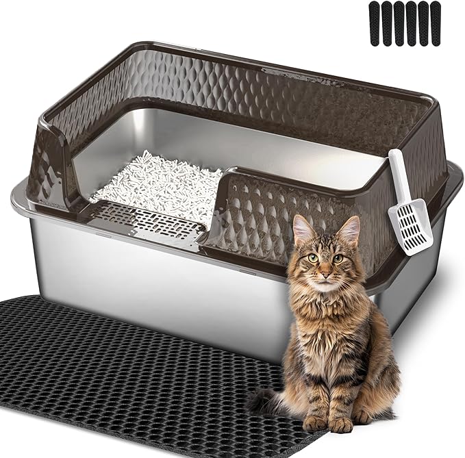 Suhaco Stainless Steel Litter Box Side Entry, Kitty Litter Mat and White Scoop Included Covered Metal High Sided Extra Large Cat Litter Box with Lid Removable Enclosure for Medium Cats (Tall Black)