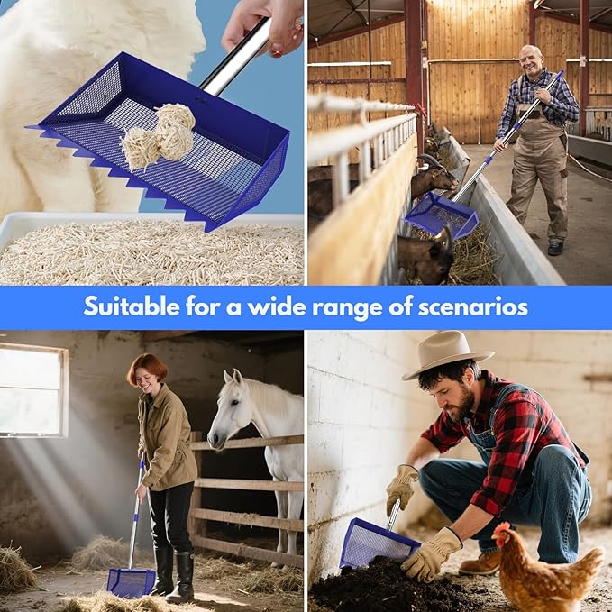 Chicken Poop Scooper & Rake 2-in-1, 304 Stainless Steel Shovel Head, Chicken Litter Scoop with Handle for Chicken Coop & Pet Waste Cleaning, Litter Sifting Shovel (35 to 65") US Patent Pending