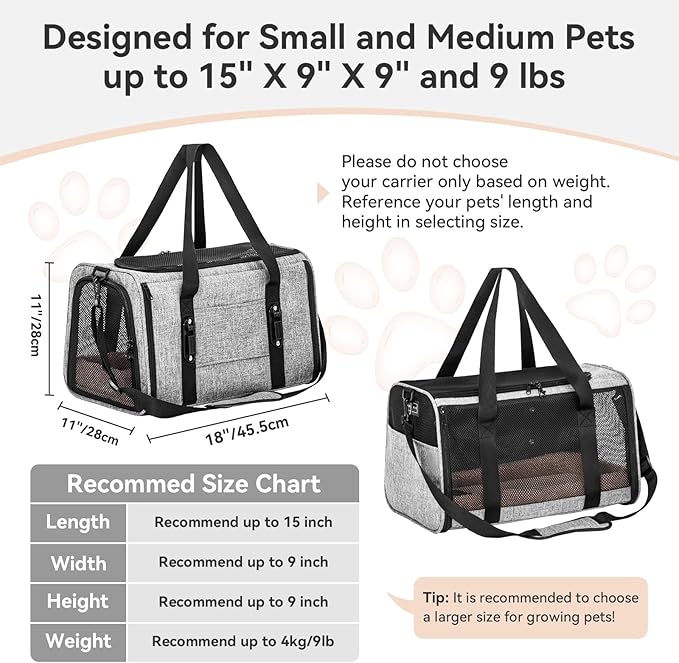 PETSFIT Soft-Sided Cat Carriers & Car Seats with Patent Safe Buckles, Clip-On Harness，18"x11"x11" Airline Approved Pet Carrier - 9 lbs Capacity,Grey