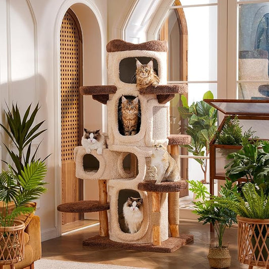 70" Heavy Duty Cat Tree for Large Cats with Toys, All-in-One Cat Tower with Cat Perch, Tall Cat Tower with Scratching Post, Brown Modern Cat House
