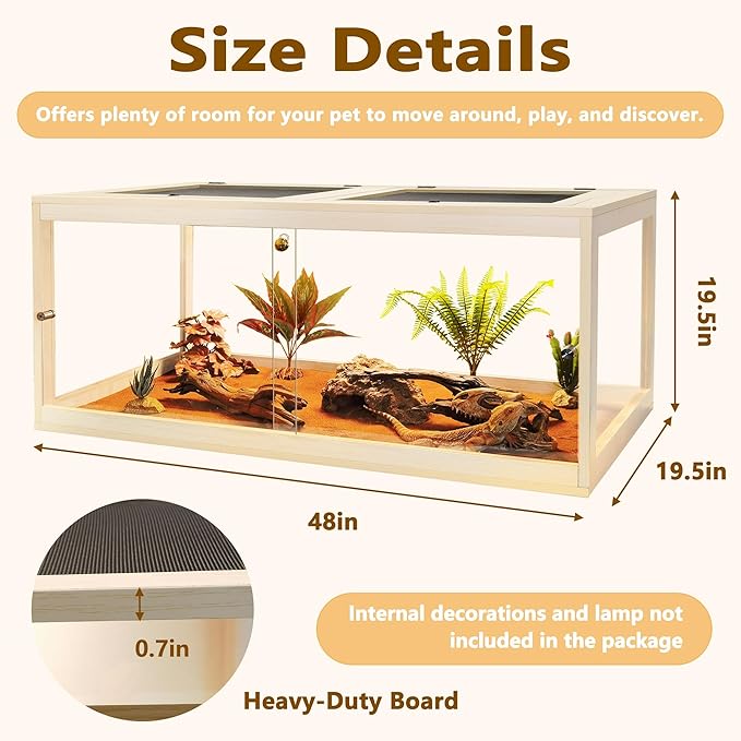 Reptile Terrarium Tank Up to 78 Gallon, Lizard Tank Bearded Dragon Tank with Metal Mesh Roof Door, Snake Tank with Lock Design (Oak, 78 Gallon Volume, 48 Inch Length)