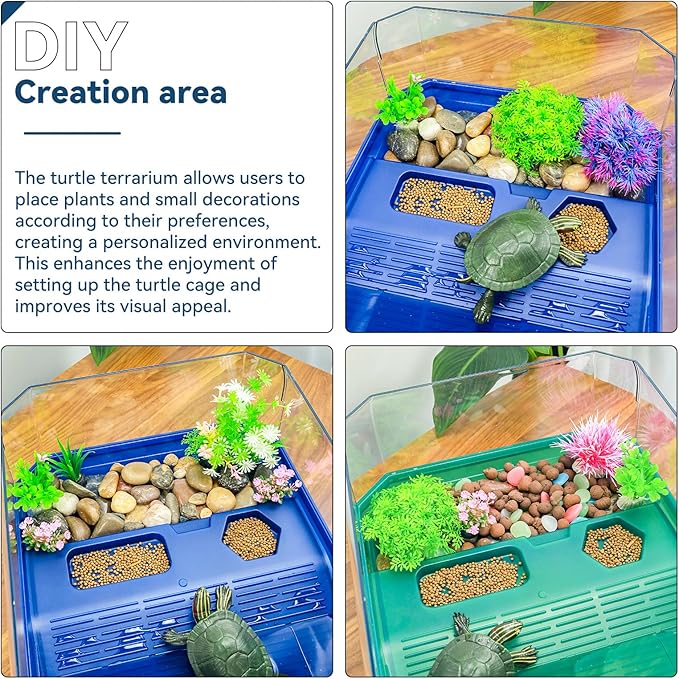 Aquatic Turtle Tank Habitat Kit Stone+Filter+Heat Lamp Enhancing Interaction with 360° Viewing, Standalone Filtration, DIY Creative Zone, Enriched Living (Blue, Large[with Light])