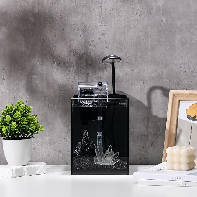 Nano Aquarium Kit,1.5 Gallon Rimless Small Glass Tank with Filter, Aquarium Light, and Aquascaping Decorations, for Home and Office (Black Tank - White Crystal, Small)