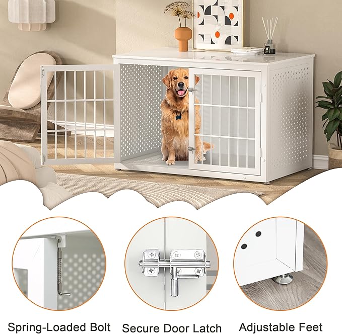 48" Heavy Duty Dog Crate Furniture for Large Dogs, Metal Cage for High Anxiety Dogs, Wooden Kennel Furniture Indoor, Decorative Dog Kennel End Table, XL,White