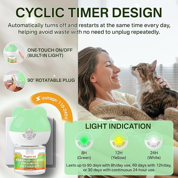 Cat 6-in-1 Calming Diffuser + Multivitamin 500 Chews for Cats – Stress Relief, Immune, Skin & Coat, Digestion, Brain & Bone Health for All Cats, 2 Diffusers + 4 Refills