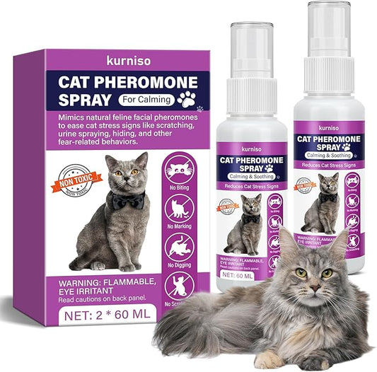 Cat Calming Pheromone Spray, 2 Pack, Calming Spray for Cat Anxiety Relief, Reduce Stress, Hiding & Scratching Furniture - During Travel, Fireworks, Thunder, 60 ML