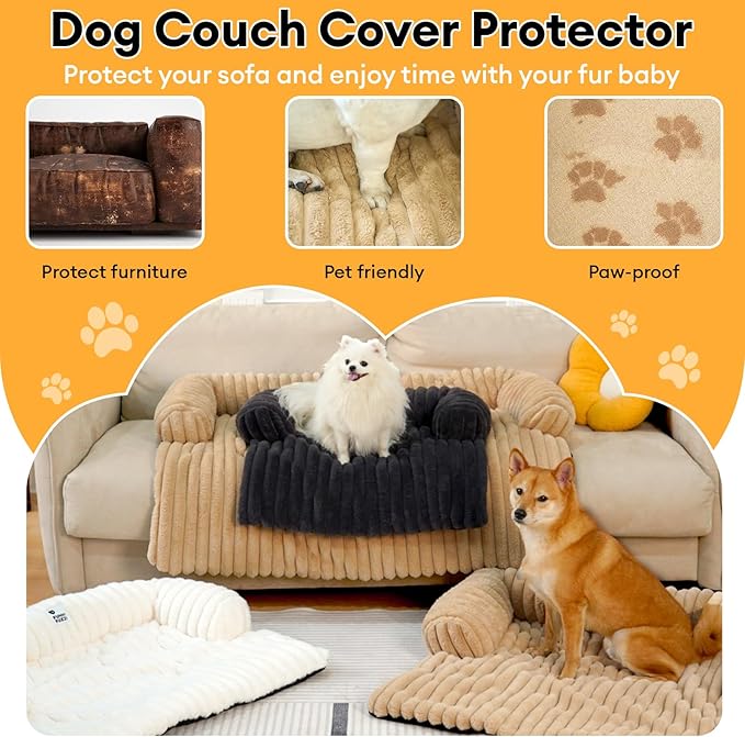 FUNNY FUZZY Pet Couch Cover for Sofa, Calming Dog Bed for Couch, Fluffy Plush Dog Couch Mat for Furniture Protector for Medium Dogs and Cats, 33×28 in, Khaki
