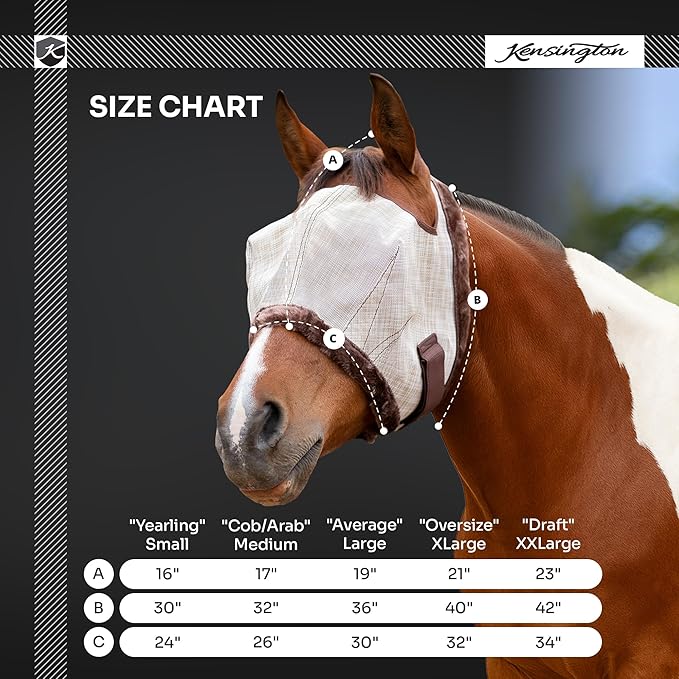 Kensington Fly Mask with Fleece Trim for Horses — Protects Face and Eyes from Flies and Sun Rays While Allowing Full Visibility — Breathable and Non Heat Transferring, Large, Atlantis