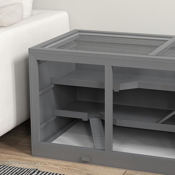 PawHut 45" Extra Large Wooden Hamster Cage, 3-Layer Chewproof Rat Cage with Opening Roof, Hut, Ramps, for Gerbil, Dwarf & Syrian Hamsters, Gray