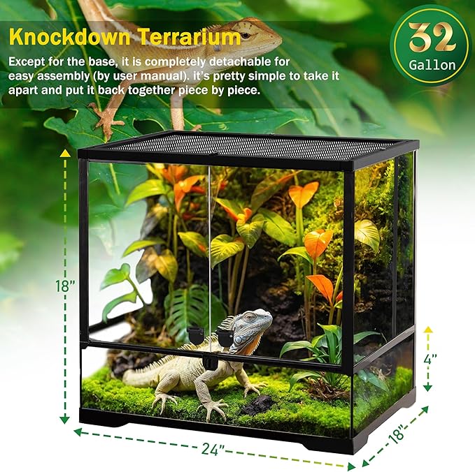 32 Gallon Professional Glass Terrarium 24"x18"x18" Durable Reptile Habitat Tank with Heat Resistant Aluminum Alloy Frame, Dual Front Swinging Doors for no Jam by Sand and Other Debris