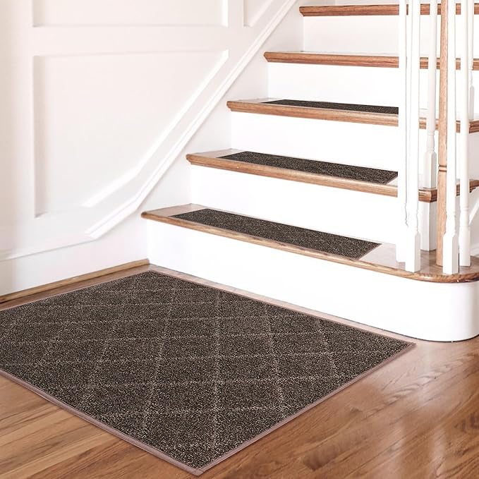 COSY HOMEER Edging Stair Treads Non-Slip Corner Indoor Stair Runners for Wooden Steps,Landing Slip Resistant Stair Rugs for Kids and Dogs, 100% Polyester TPE Backing,Brown,20"X32"