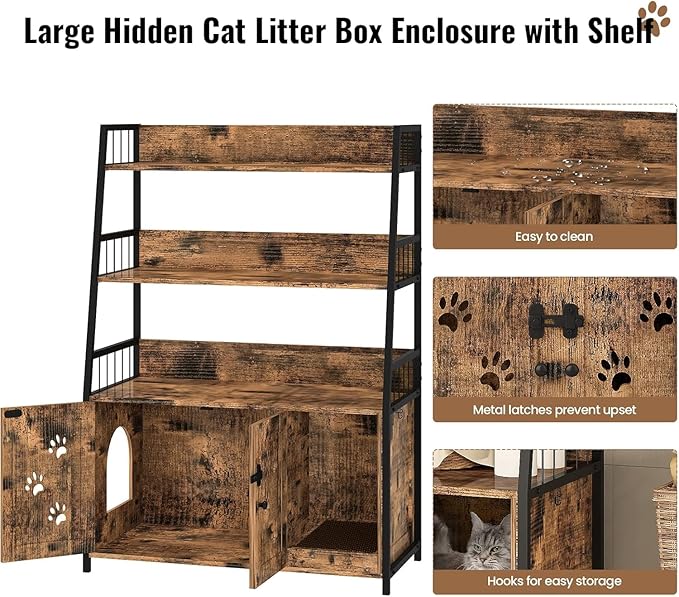 Recaceik Large Cat Litter Box Enclosure with Shelf Storage, Hidden Cat Washroom Furniture, Wooden Cat House with Scratch Pad, Sturdy Indoor Cat Cabinet with 2 Doors, Rustic Brown