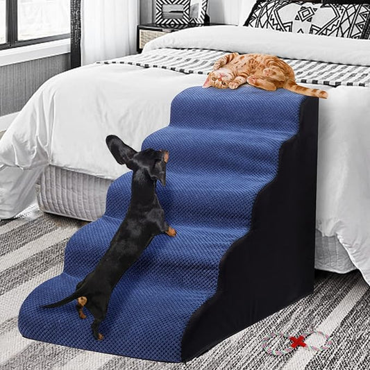 Dog Stairs&Steps for High Beds Up to 28'', 5-Step Dog Ramp for Small Medium Dogs with Washable Cover, Pet Steps for Cats to Get on Couch and Sofa, Durable Foam Ladders, 24.4" Tall, Blue