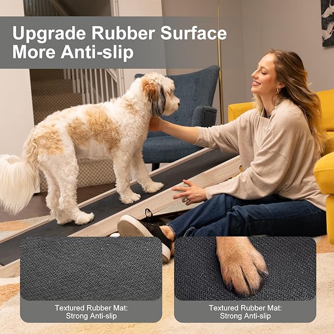 ABORON Folding Wooden Extra Long Dog Ramp, Non-Slip Rubber Mat, 63" Long for High Bed/Couch/Car, 5 Levels Adjustable Pet Ramp, 17.7'' Wide, Supports Small & Large Senior Dogs & Cats up to 200 lbs