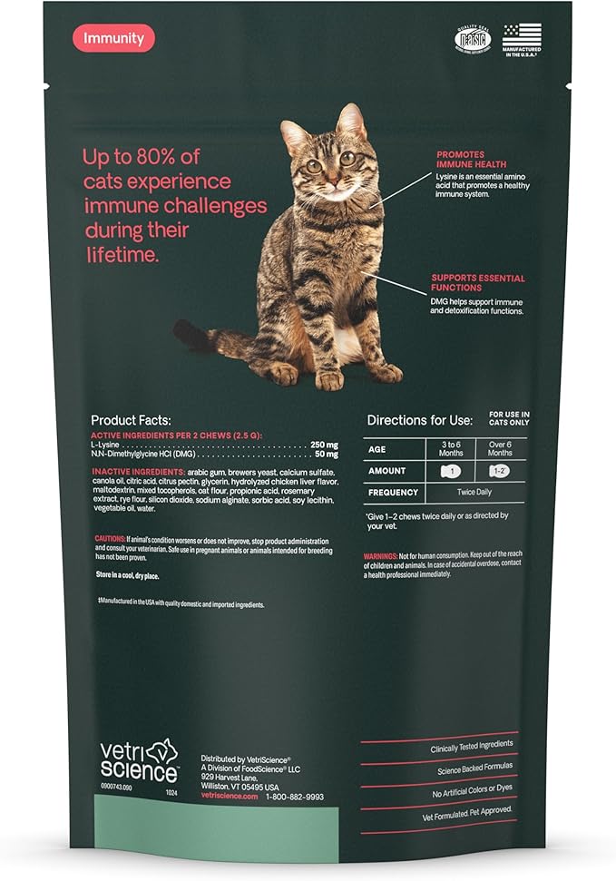 VetriScience Lysine Immunity Health Chews, 250 mg Lysine Plus Immune Supplement for Cats and Kittens with Allergies, Sneezing, Runny Nose and Watery Eyes, Chicken, 90 Count
