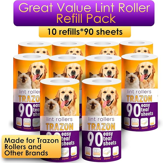 Lint Rollers Pet Hair Value 10 Pack of 900 Sheets / 10 Refills, Sticky Roller Pet Hair, Lint Remover Dog/Car Hair, Fuzz, Animal Fur, Large Lint Removal Roller Clothe, Couch, Furniture
