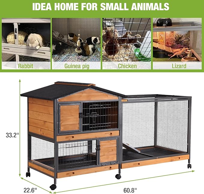 GUTINNEEN Rabbit Hutch Outdoor with Metal Surround Indoor Rabbit Cage with Wheels Bunny Cage Large Guinea Pig Cage for Small Animals with Tray