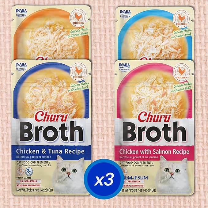 INABA Churu Broth for Cats, Side Dish Pouch, 1.4 Ounces per Pouch, 12 Pouches, Chicken & Seafood Variety