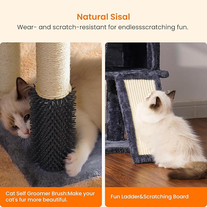 Heybly Cat Tree with Cat Self Groomer Brush, Cat Tower Condo for Indoor Cats with Padded Plush Perch, Cat House with Basket Scratching Board Post, Smoky Gray HCT005SG