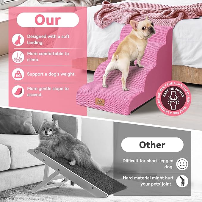 Dog Ramp and Stair for Bed 16" H-20 H,3-Step Cat Stair for Sofa and Chair,4-Step Dog Ramp for High Bed and Window,Durable Nonslip Fabric Cover for Indoor (Pink-20 H, Pet Friendly, 4)