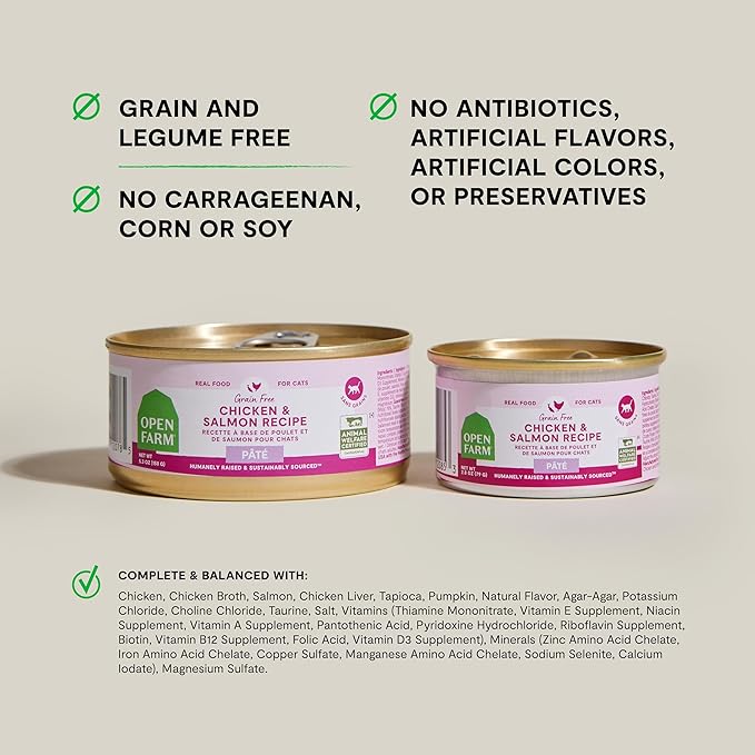 Open Farm Canned Cat Food, Paté for Complete & Balanced Nutrition, Grain-Free and Legume-Free Wet Cat Food, Chicken & Salmon Recipe, 2.8oz Cans (Case of 18)