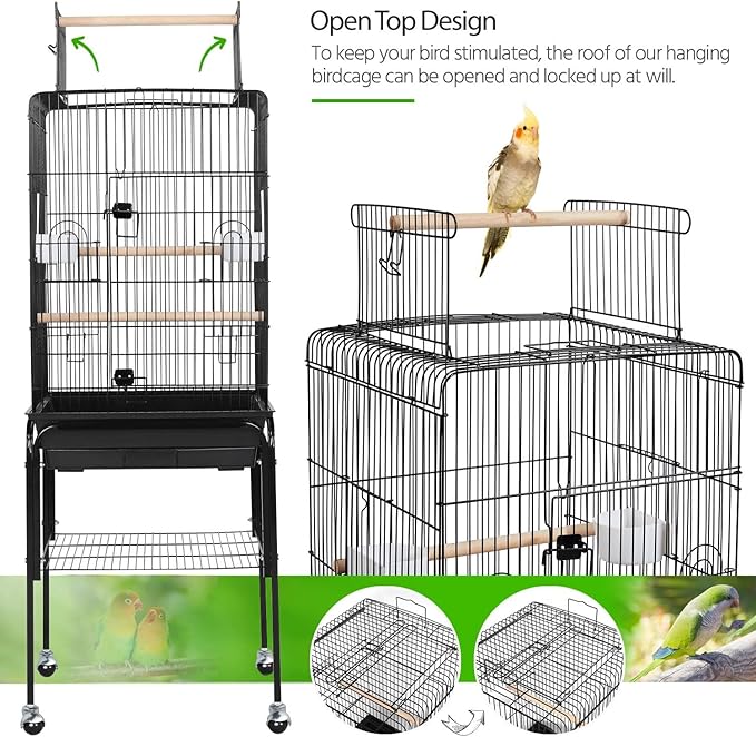 Yaheetech Open Top Rolling Parrot Bird Cage for Cockatiel Sun Parakeet Green Cheek Conure Mid-Sized Parrot Cage with Detachable Stand