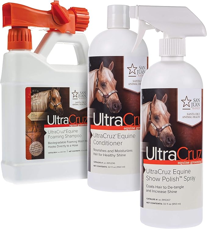 UltraCruz Equine Foaming Horse Shampoo with Travel Applicator, Conditioner and Show Polish Spray Bundle, 32 oz Each