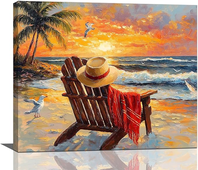 Beach Coastal Bathroom Pictures Wall Art, Seaside Ocean Bathroom Wall Decor, Sunrise Palm Framed Painting Canvas Artwork for Bedroom Living Room Decorations 24"L x 20"W