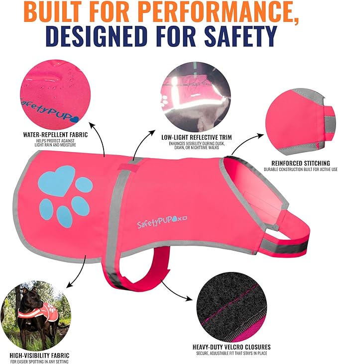 Dog Reflective Vest – Hi-Vis Fluorescent Visibility That Helps to Safeguard Your Pet On/Off Leash in Urban & Rural Areas (Pink, Medium)
