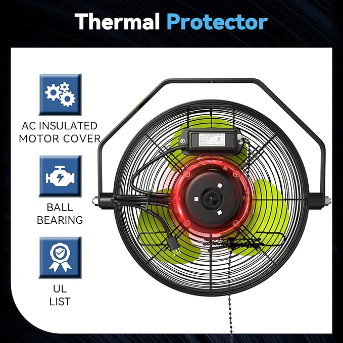 12 IN High Velocity Wall Mount Fan, 3 Speed Industrial Wall Fan with Sealed Motor, 2500 CFM Adjustable Air Circulator for Garage, Commercial, Greenhouse, Warehouse & Gazebo Use, UL Listed