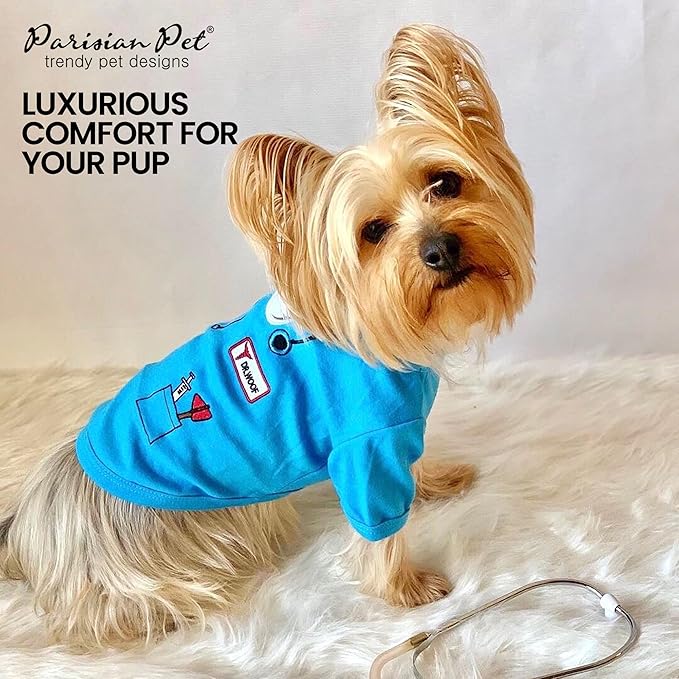 Parisian Pet Doctor Woof Dog Shirt - Embroidered Pirate Costume - 100% Cotton & Polyester Doctor Outfit - Sleeved Blue Funny Dog Shirts - XL