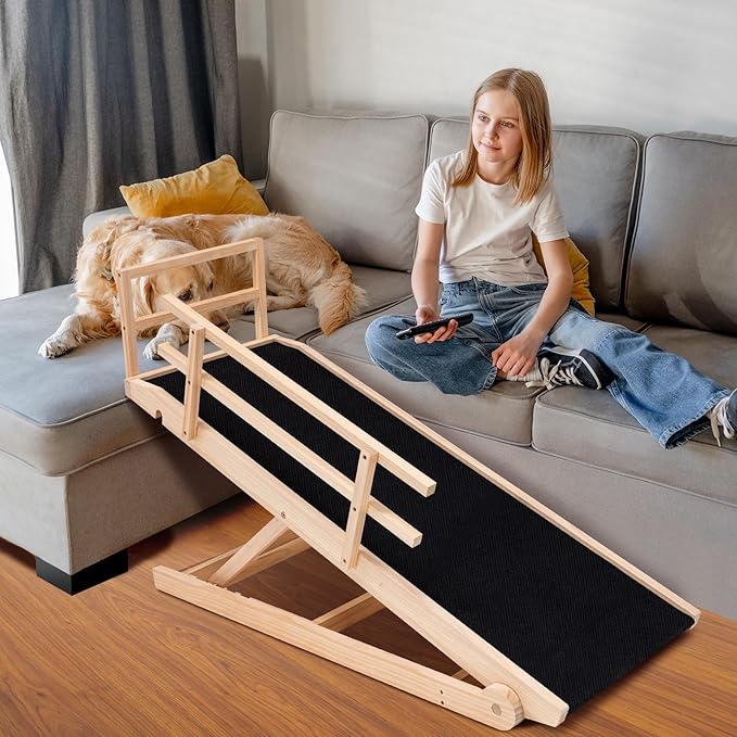 Dog Ramp for Bed, Adjustable Pet Ramps for Dog to Get on Bed, Non-Slip Rubber Surface - Folding Wooden Dog Ramp for Small/Large/Old Dogs, Adjustable up to 27.5 inch High Beds, Safety Railings