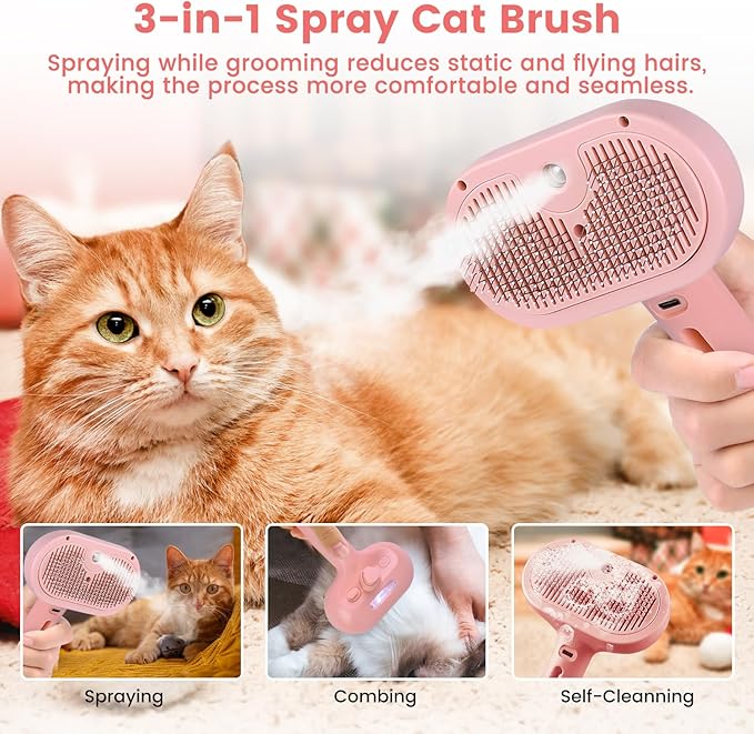 Steam Brush for Shedding Pets - Self-Cleaning Grooming Comb with Water Tank for Long & Short Haired Cats and Dogs (Pink)