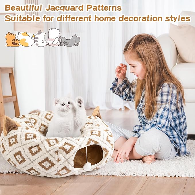Cat Tunnel Bed for Indoor Cats, Cat Donut Tunnel with Washable Cushion, Peekaboo Cat Cave Toy, Multifunctional Playground Toys for Kittens, Rabbit, Brown Jacquard Pattern