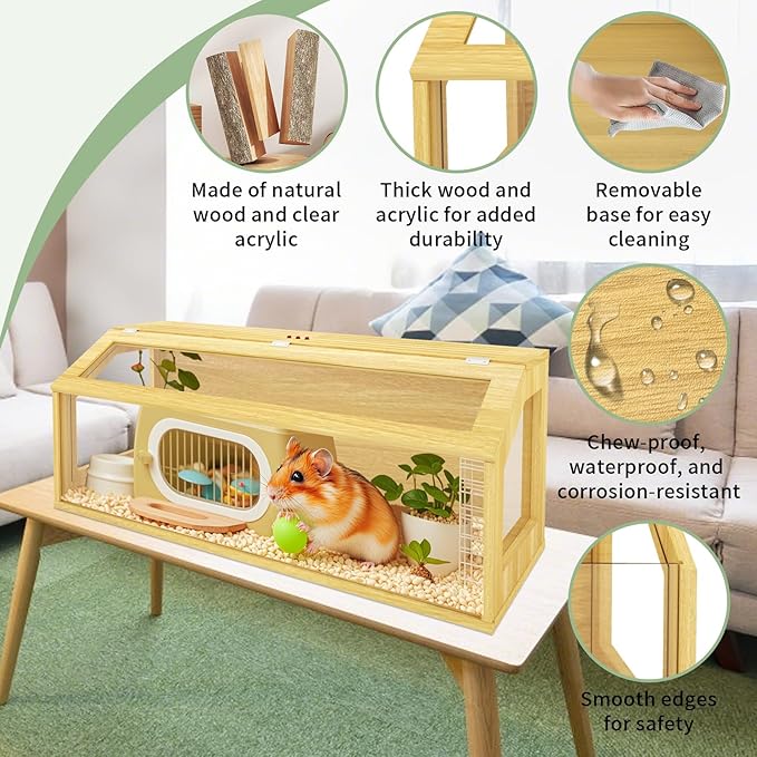 48" Large Hamster Cage, Chewproof Gerbil Cages and Habitats, Openable Top Roof Window with Silencing Pad, Wooden Guinea Pig Cage for Small Animals, Dwarf and Syrian Hamster, 40 x 20 x 20 Inches