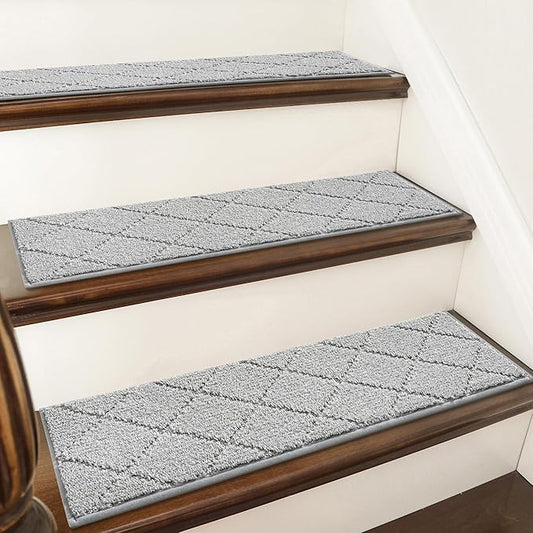 COSY HOMEER Edging Stair Treads Non-Slip Carpet Mat 28inX9in Indoor Stair Runners for Wooden Steps, Edging Stair Rugs for Kids and Dogs, 100% Polyester TPE Backing (15pc, Grey)